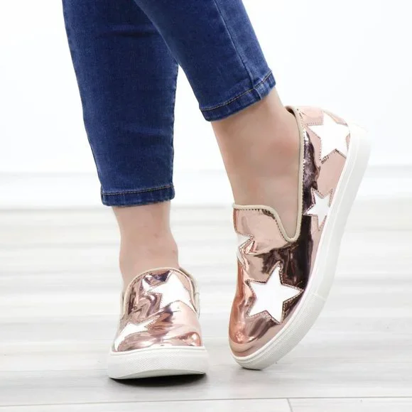 Rose Gold With White Stars Patent Sneakers Shoes - Picture 9 of 14